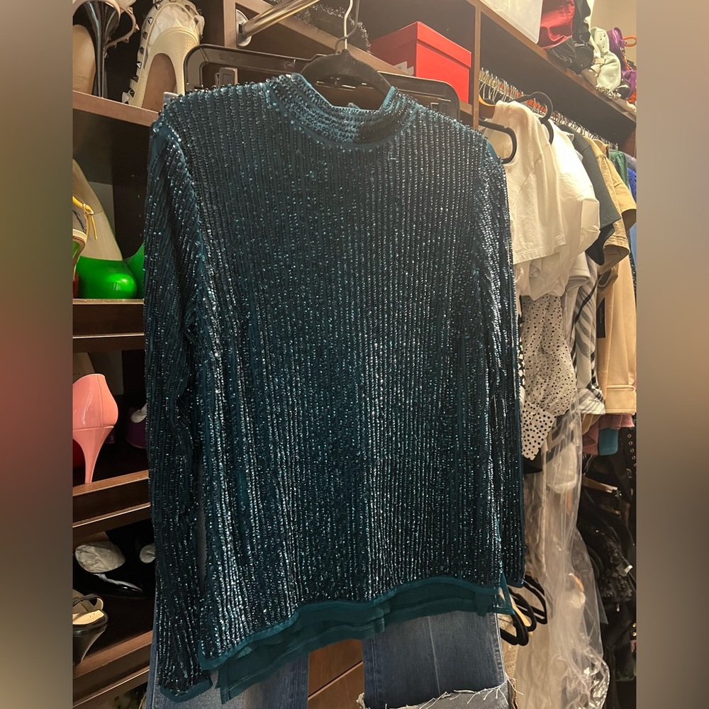 Topshop Teal Sequin Long Sleeve Blouse
